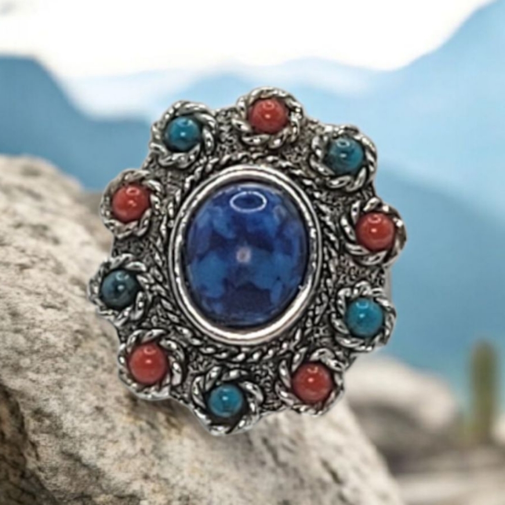 Vintage Sarah Cov. "Navajo" Ring Faux Lapis Turquoise Coral Silver Tone OSFA